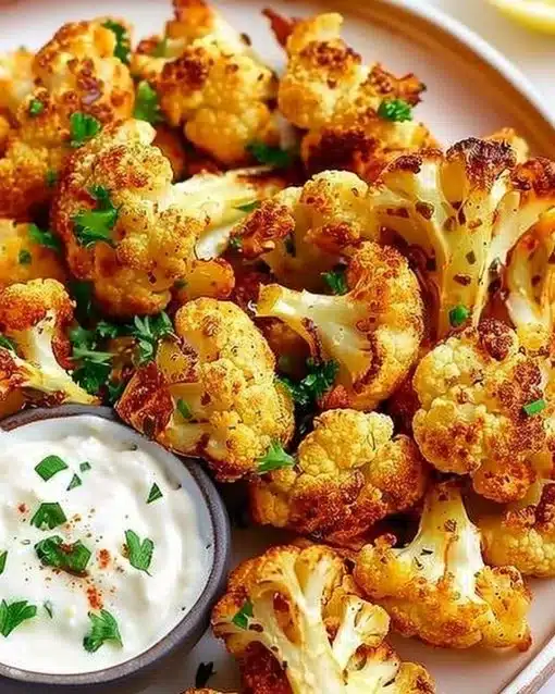 Crispy air fryer cauliflower florets served on a plate with dipping sauce