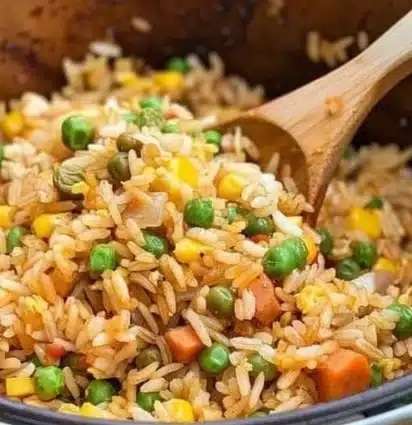 Delicious air fryer fried rice with colorful vegetables and shrimp.
