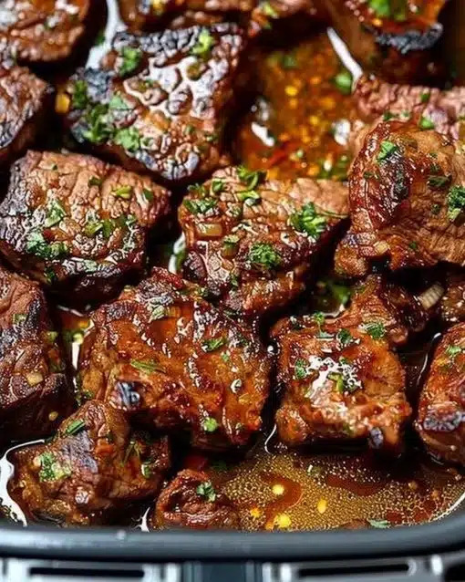 Air fryer garlic butter steak bites served on a plate
