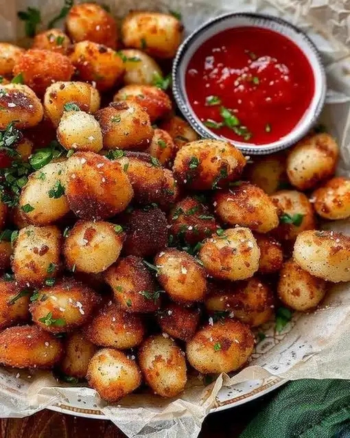 Crispy air fryer gnocchi served with herbs and sauce.