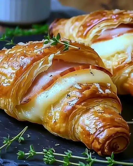 Air fryer ham cheese croissants fresh out of the appliance, golden and tasty