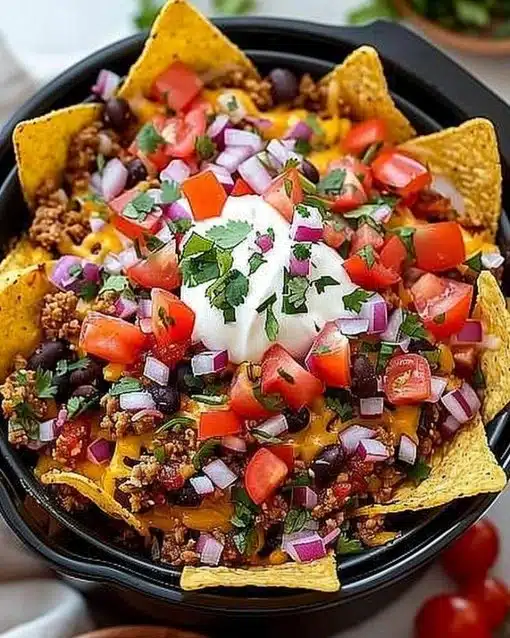 Crispy air fryer nachos topped with cheese, jalapeños, and guacamole