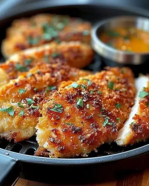 Air Fryer Parmesan Crusted Chicken on a plate garnished with herbs and lemon.