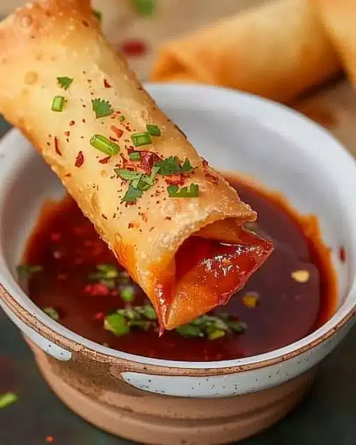 Crispy air fryer spring rolls served with dipping sauce