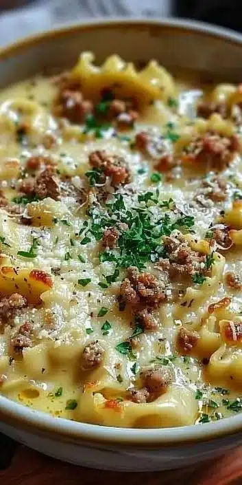 Bowl of creamy Alfredo Lasagna Soup garnished with parsley