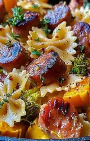 Autumn sausage pasta with squash in a savory sauce, perfect for fall meals.