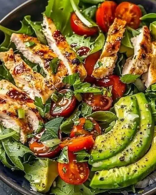 A bowl of fresh avocado chicken salad topped with herbs and spices