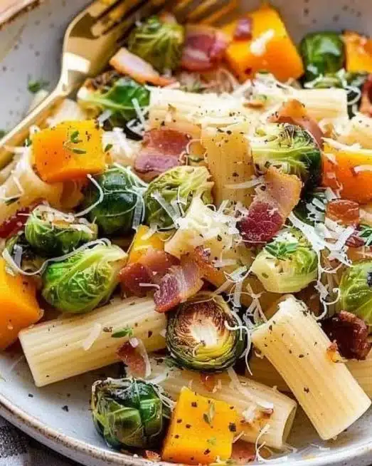 Bacon Pasta with Brussels sprouts and butternut squash served in a bowl