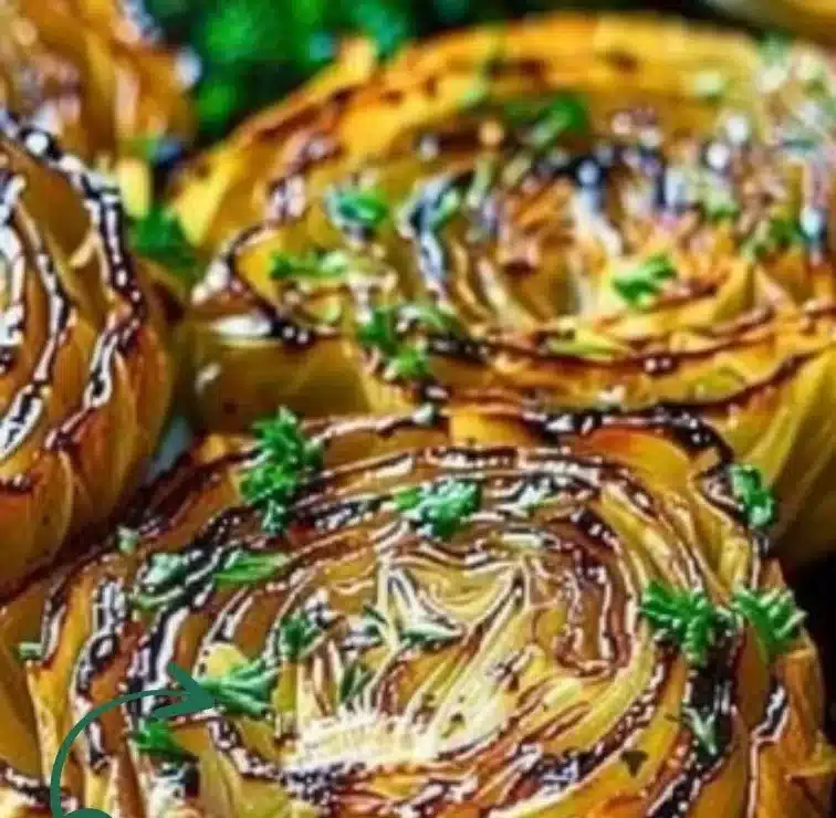 Delicious baked cabbage steaks garnished with herbs and spices on a plate