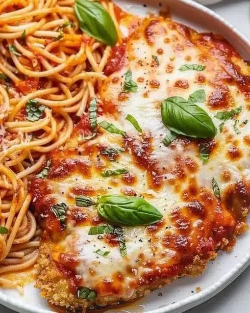 Delicious baked chicken parmesan with melted cheese and marinara sauce on a plate.