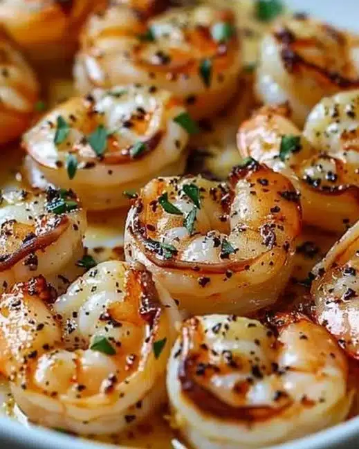 Baked Garlic Parmesan Shrimp garnished with parsley on a plate