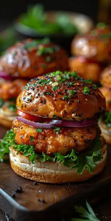Bang Bang Chicken Sliders served with a spicy sauce and garnished with green onions.