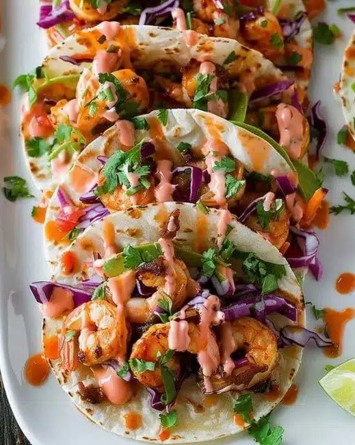 Delicious Bang Bang Shrimp Tacos with crispy shrimp and spicy sauce