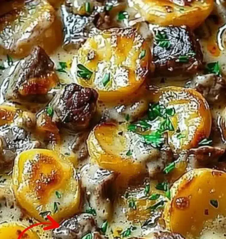 Delicious beef and potato casserole served hot in a baking dish.