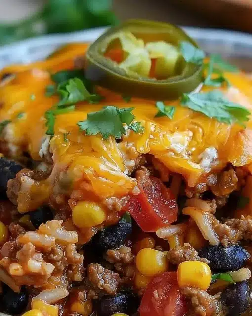 Delicious beef enchilada casserole with rice topped with melted cheese