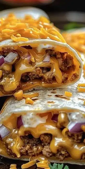 Delicious Beefy Melt Burritos filled with cheese and seasoned beef.