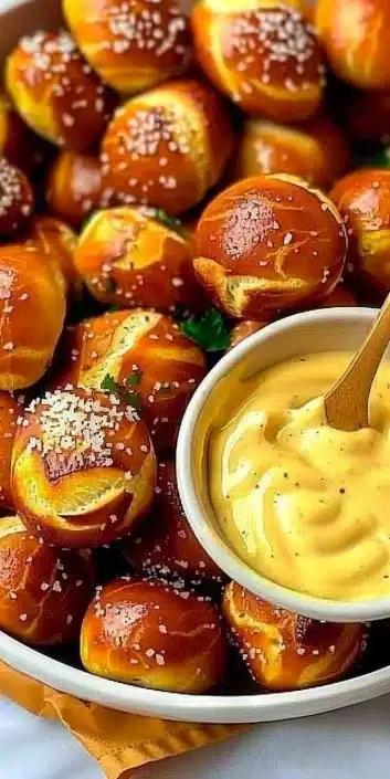 Delicious buttery soft pretzel bites served with mustard dipping sauce