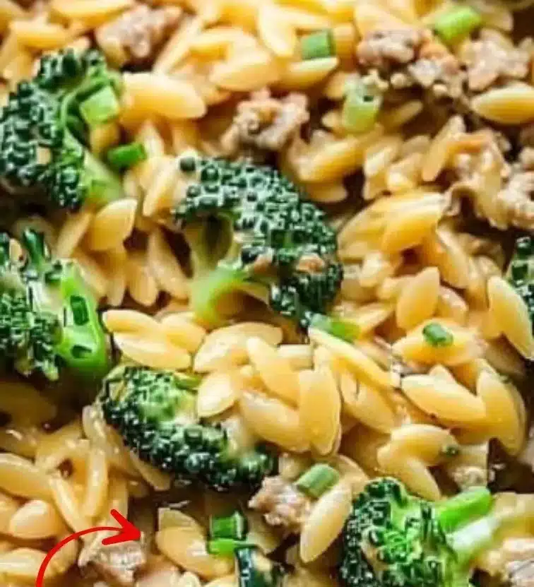 Healthy ground turkey orzo dish with vegetables served in a bowl