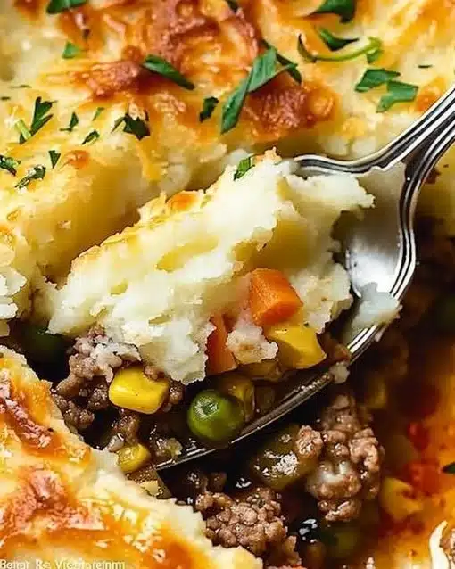 Delicious homemade Shepherd's Pie topped with creamy mashed potatoes