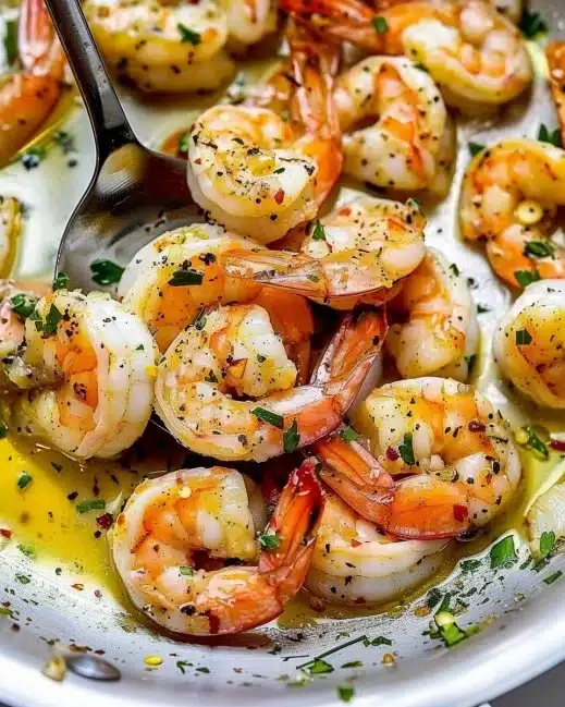 Plate of delicious shrimp scampi garnished with parsley and lemon