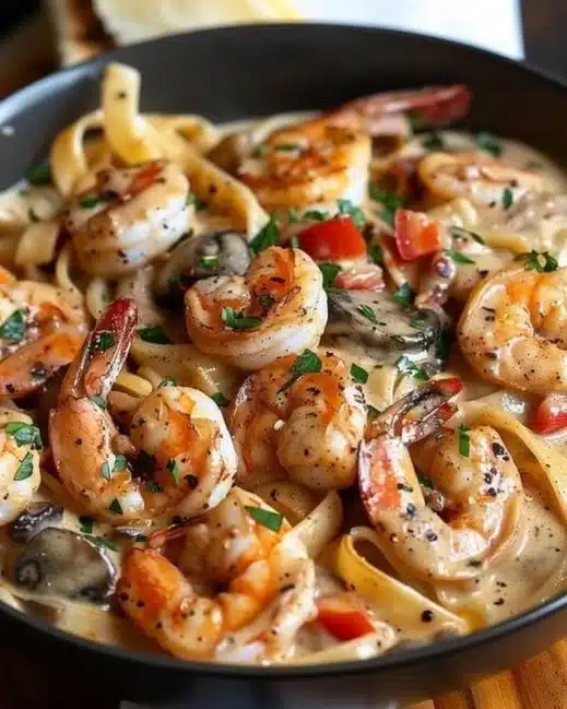 Blackened shrimp stroganoff served in a creamy sauce with pasta
