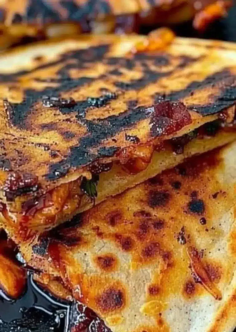 Delicious Blackstone hot honey BBQ chicken quesadillas with melted cheese and toppings