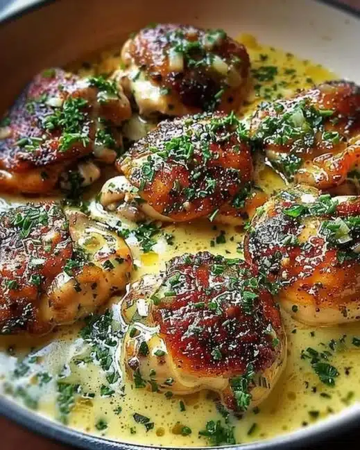 Bobby Flay's chicken thighs served with creamy garlic sauce on a plate.