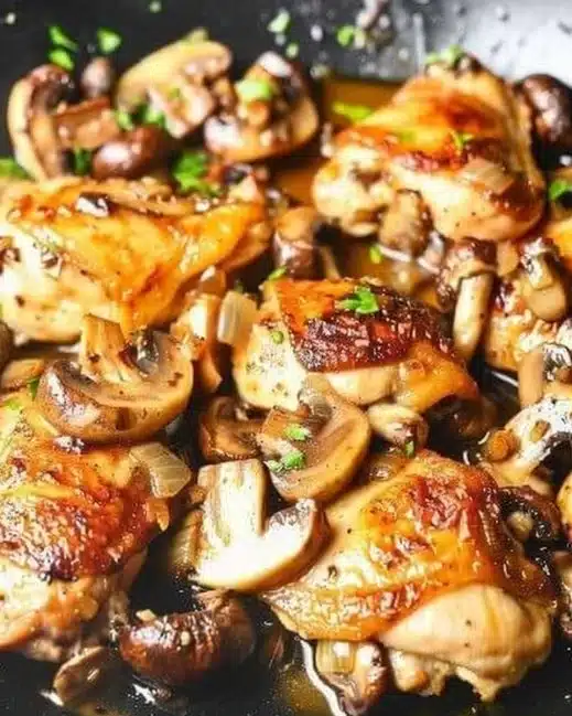 Boneless skinless chicken thighs cooked with mushrooms and garlic