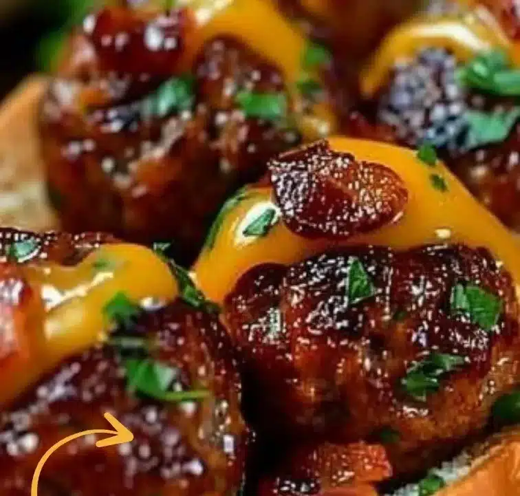 Bourbon Bacon Cheeseburger Meatballs served on a platter garnished with herbs