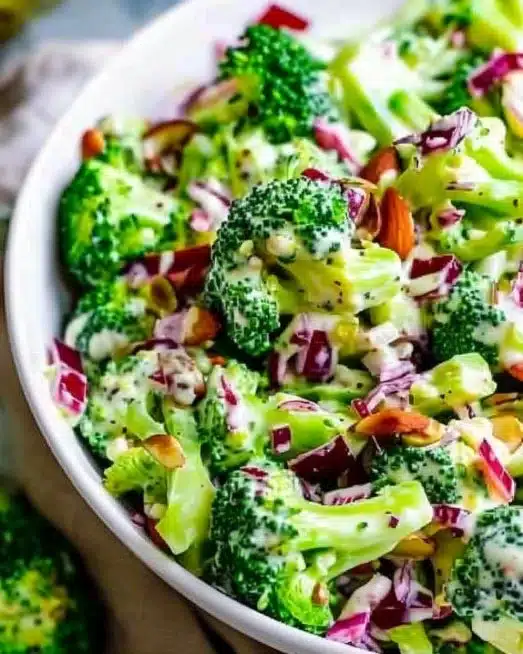 Fresh broccoli salad with colorful vegetables and dressing