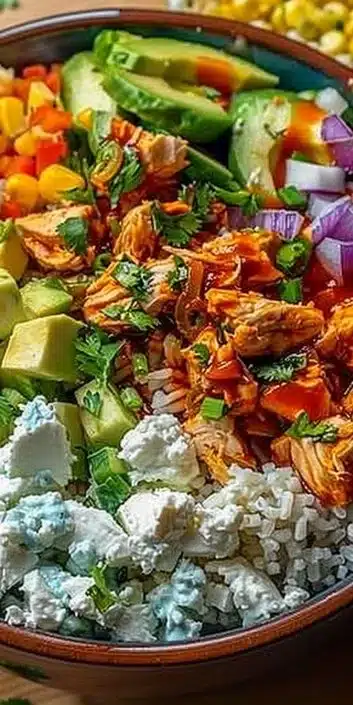 Delicious Buffalo Chicken Bowls topped with fresh ingredients and spicy sauce