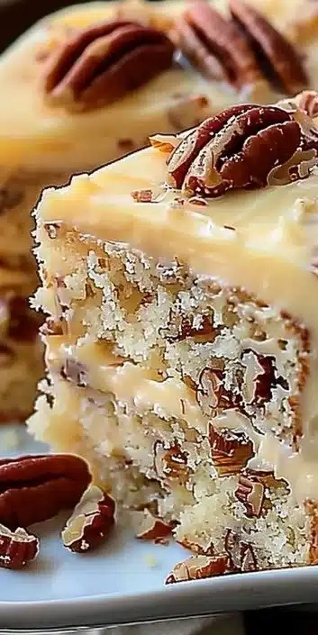 Delicious Butter Pecan Bliss Cake topped with caramel and pecans.