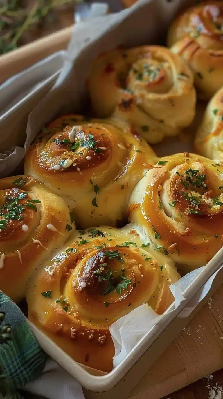 Freshly baked buttery cheese garlic rolls garnished and ready to serve.