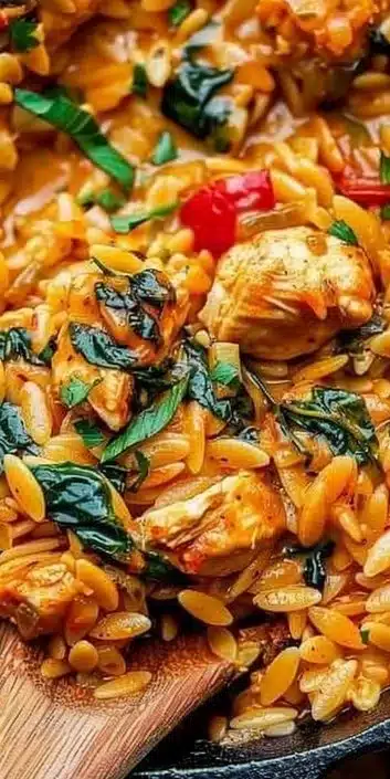 A delicious bowl of Cajun Chicken Orzo topped with fresh herbs