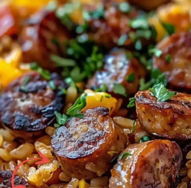 Cajun Sausage and Rice Skillet with colorful vegetables in a pan