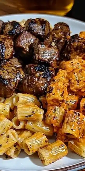 Cajun steak tips served over cheesy rigatoni parmesan sauce