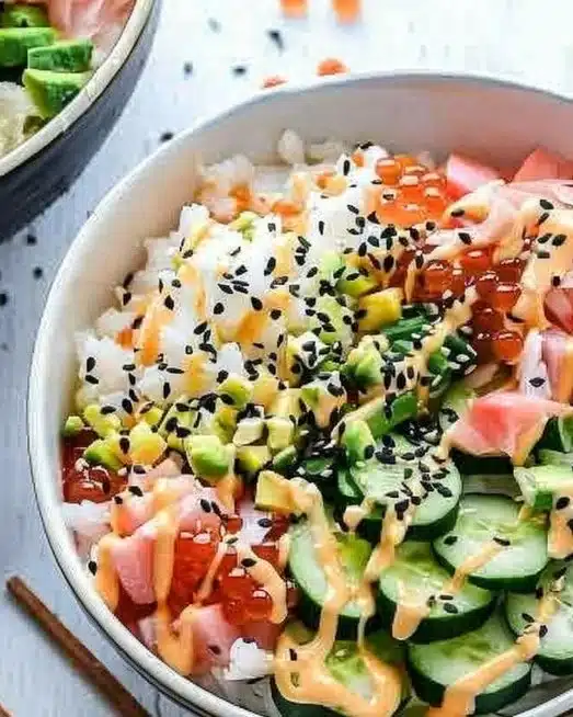 Colorful California Roll Sushi Bowls topped with fresh ingredients and garnishes