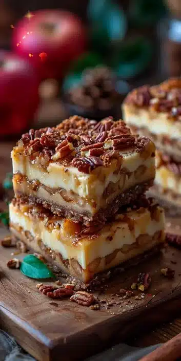 Delicious caramel apple cheesecake bars with creamy layers and drizzled caramel