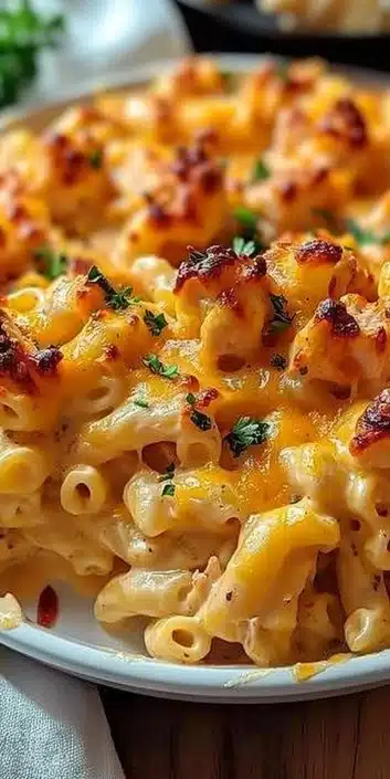 Cheesy Buffalo Chicken Pasta Bake served in a white dish with garnishes