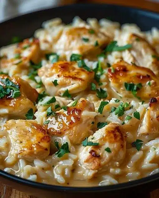 Cheesy chicken and rice dish served in a bowl