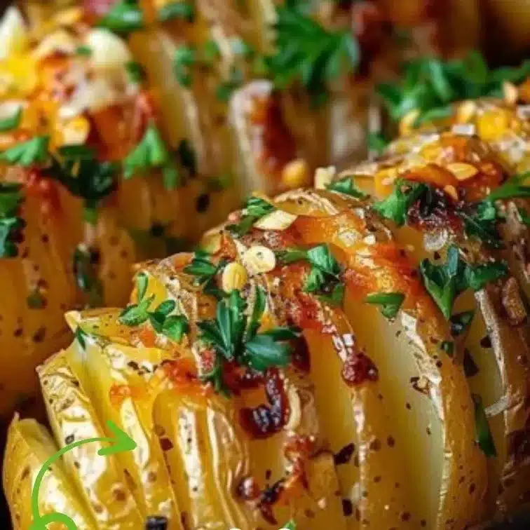 Cheesy Garlic Hasselback Potatoes served on a plate
