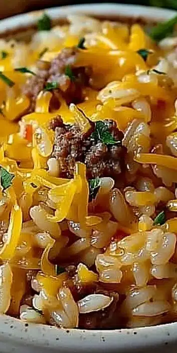 Cheesy Hamburger Rice Casserole topped with melted cheese and fresh herbs