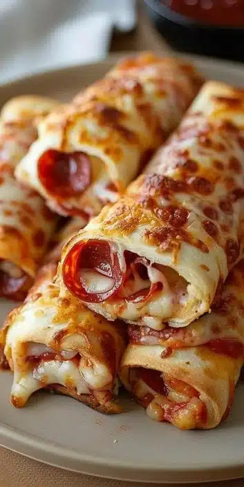 Cheesy pepperoni pizza roll ups with gooey cheese and crispy edges
