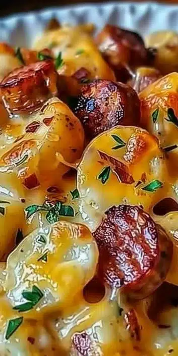 Cheesy Ranch Potatoes with Smoked Sausage in a baking dish
