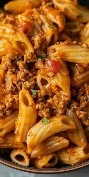 Delicious cheesy taco pasta served in a bowl with toppings