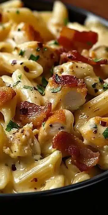 Delicious Chicken Bacon Ranch Pasta topped with crispy bacon and herbs