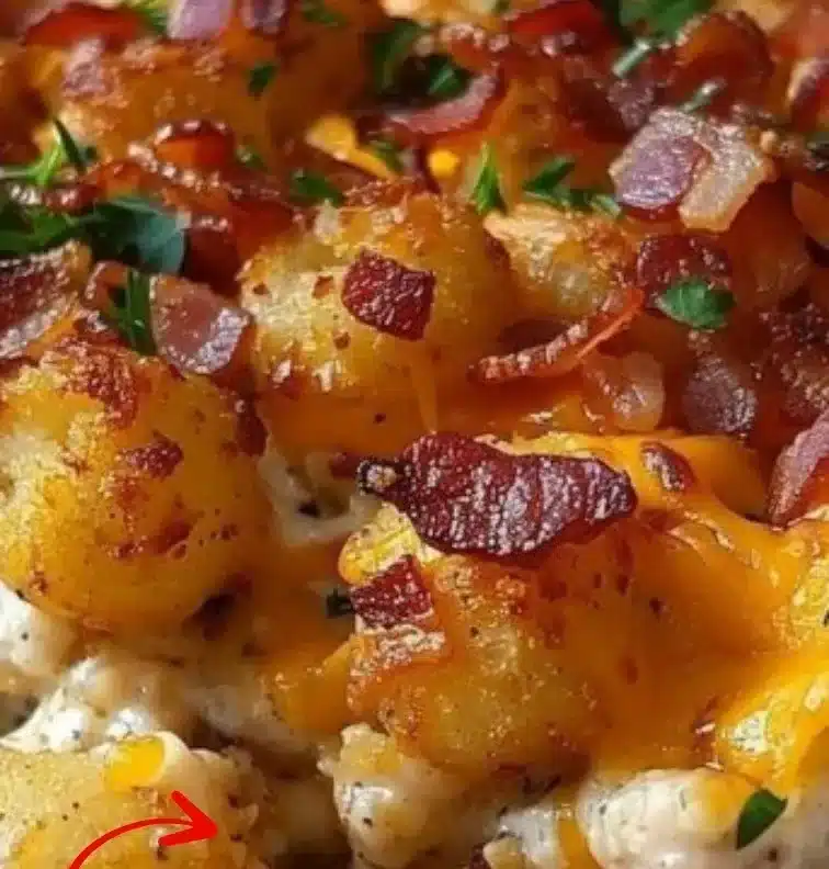 Delicious Chicken Bacon Ranch Tater Tot Casserole ready to serve