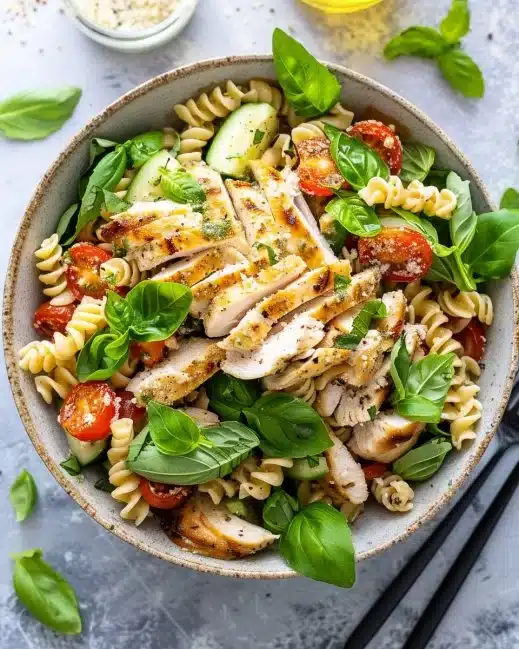 Delicious Chicken Caesar Pasta Salad with grilled chicken and romaine