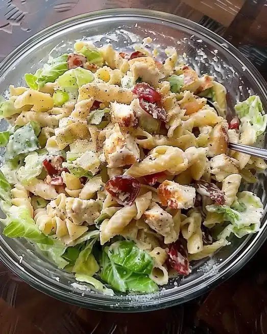 Delicious Chicken Caesar Pasta Salad with fresh ingredients and dressing