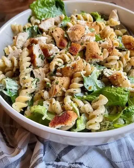 Delicious Chicken Caesar Pasta Salad with grilled chicken, romaine, and creamy dressing.